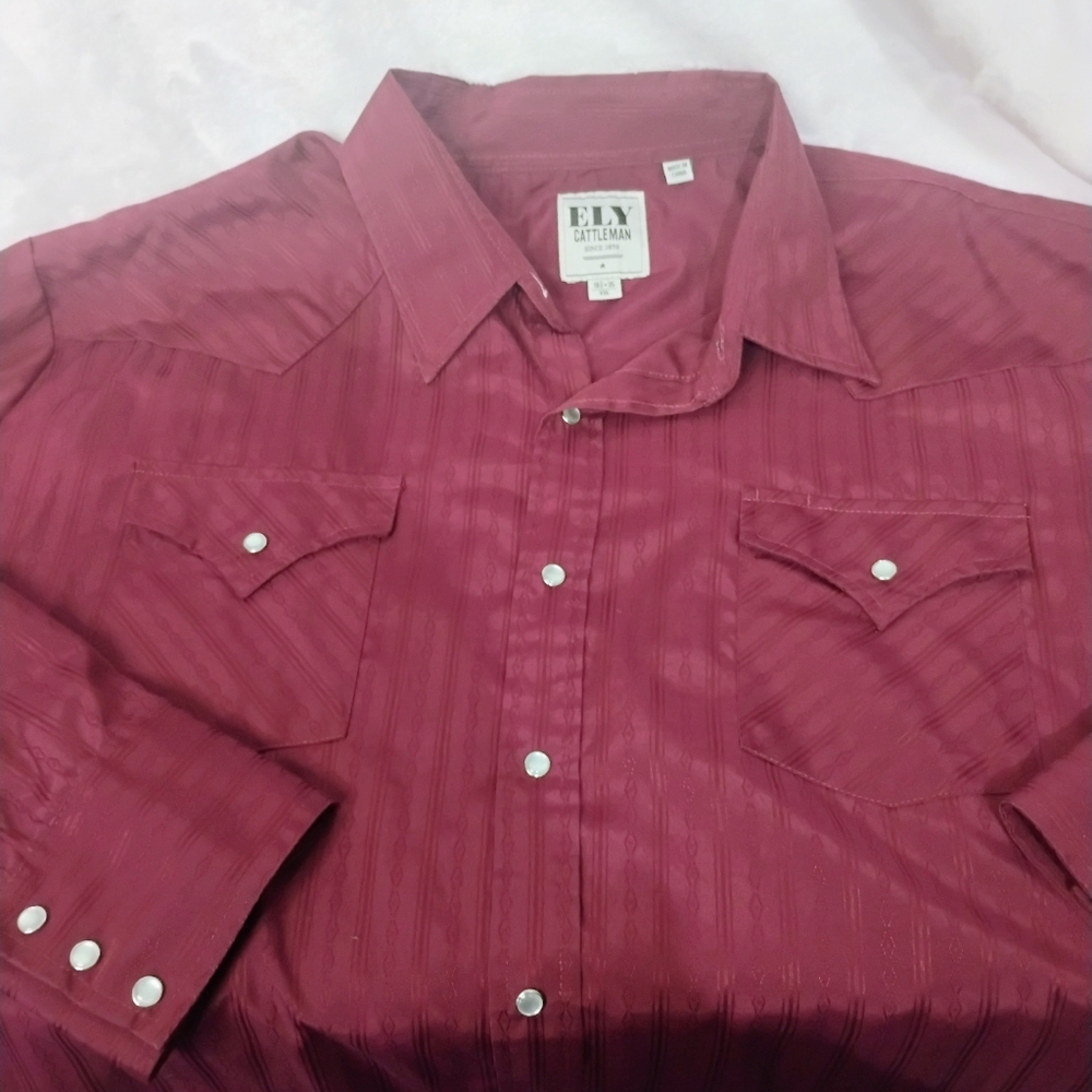 Ely Cattleman Mens XXL Burgundy Western Pearl Snap Shirt Jacquard Long Sleeve K